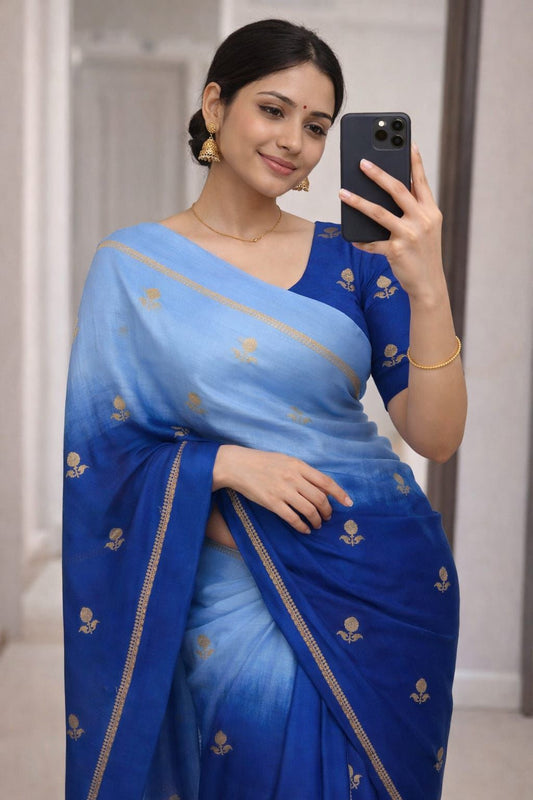 Seraphic Sky Blue Banarasi Khadi Silk Saree With Imbrication Blouse Piece