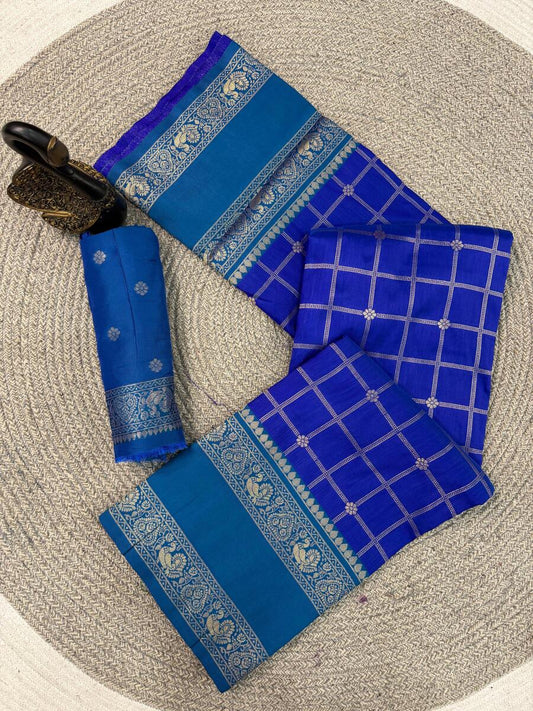 Mesmeric Royal Blue Pure Zari Weaving Banarasi Silk Saree With Magnificat Blouse Piece