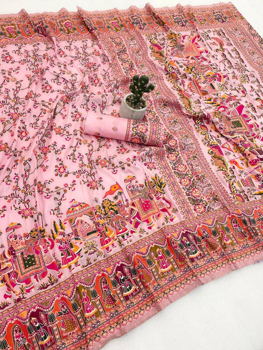 Stunner Pink Pashmina Silk Saree With Efflorescence Blouse Piece