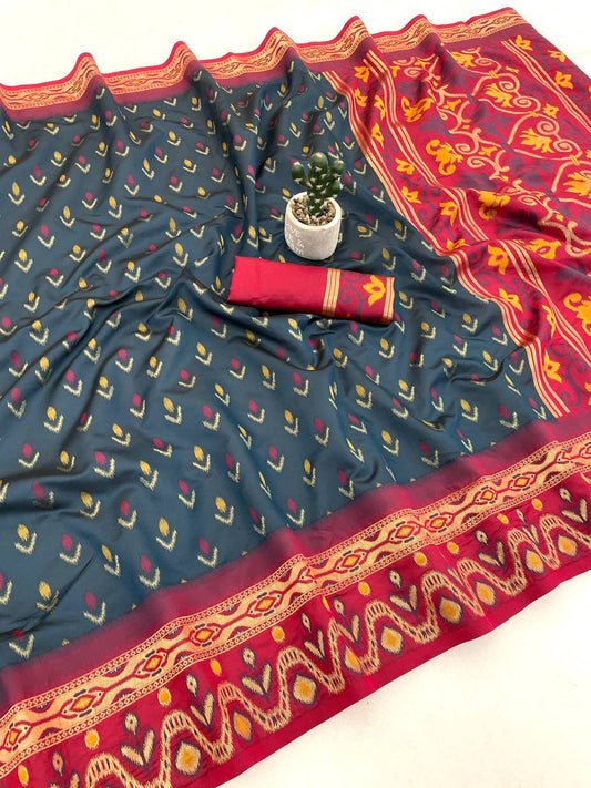Bewitching Grey Banarasi Ikkat Silk Saree With Pretty Blouse Piece