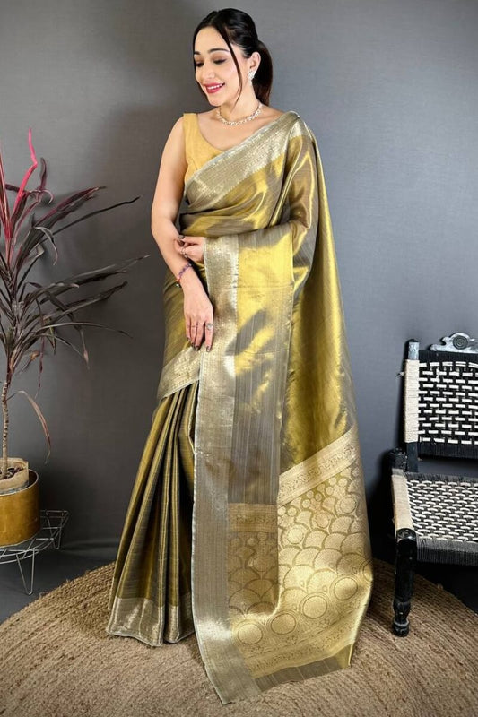 Sophisticated Mehndi Banarasi Tissue Silk Saree With Impressive Blouse Piece