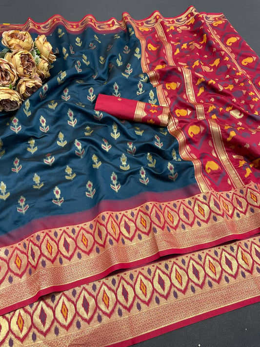 Delightful Navy Blue Banarasi Ikkat Silk Saree With Marvellous Blouse Piece