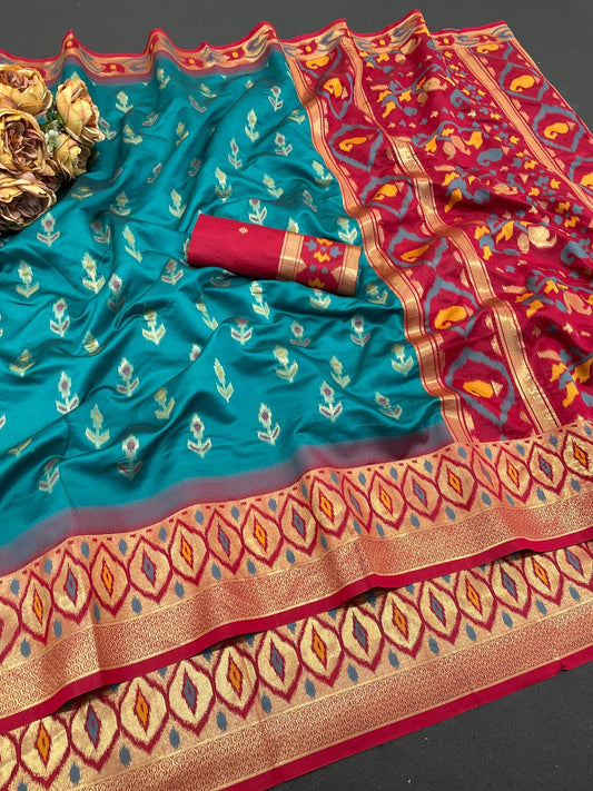 Glorious Rama Banarasi Ikkat Silk Saree With Allure Blouse Piece