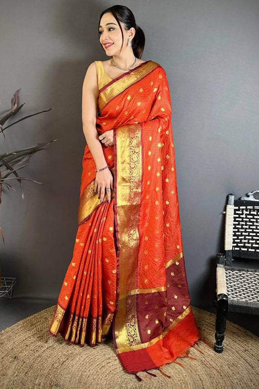Aplomb Dark Orange Banarasi Tissue Silk Saree With Ebullience Blouse Piece