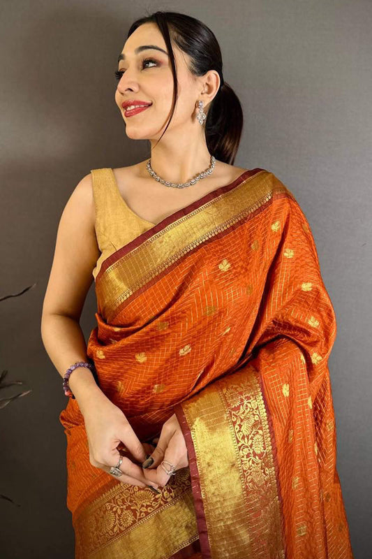 Desuetude Orange Banarasi Tissue Silk Saree With Rhapsody Blouse Piece