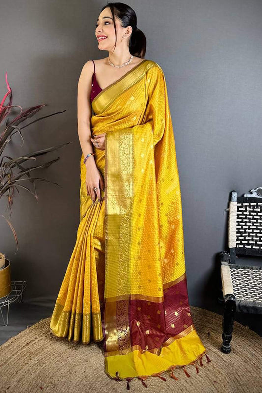 Blissful Yellow Banarasi Tissue Silk Saree With Flaunt Blouse Piece