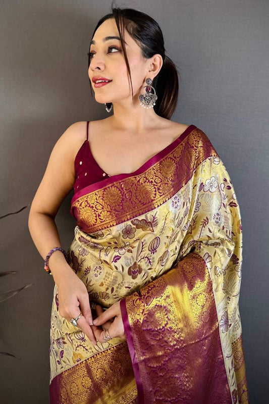 Capricious Beige Kanjivaram Silk Saree With Innovative Blouse Piece