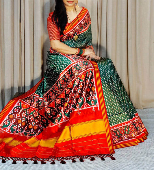 Dalliance Dark Green Patola Lagdi Patta Saree With Vivacious Blouse Piece