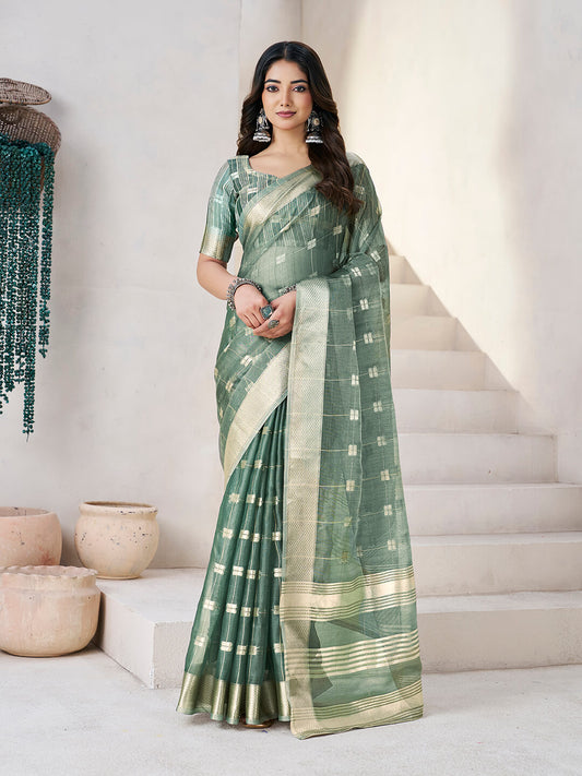 Incredible Green Zari Weaving Linen Silk Saree With Exceptional Blouse Piece