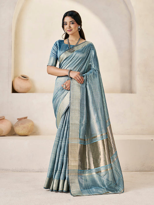 Wonderful Blue Zari Weaving Linen Silk Saree With Scrumptious Blouse Piece