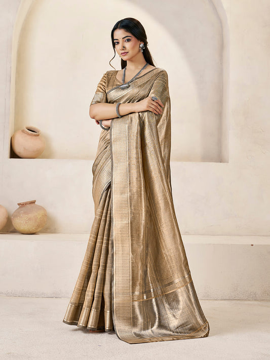 Tantalizing Brown Zari Weaving Linen Silk Saree With Lustrous Blouse Piece