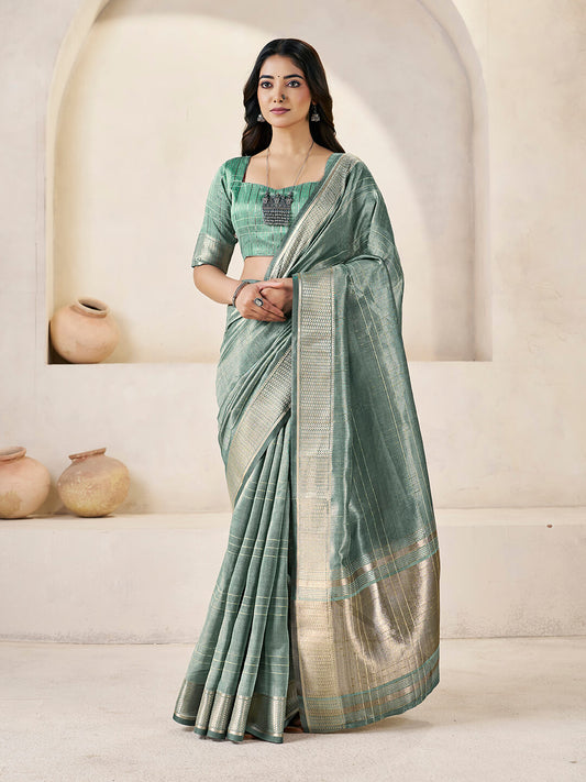 Twirling Green Zari Weaving Linen Silk Saree With Desiring Blouse Piece