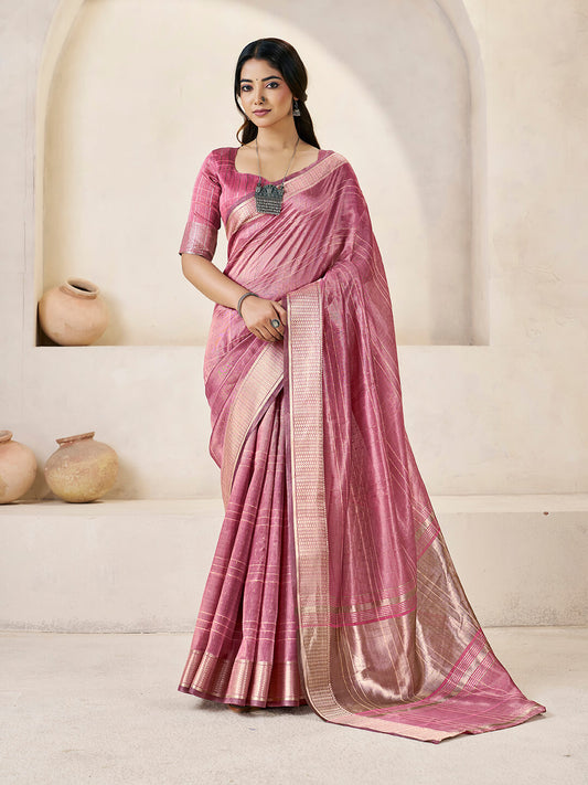 Splendorous Pink Zari Weaving Linen Silk Saree With Nebula Blouse Piece