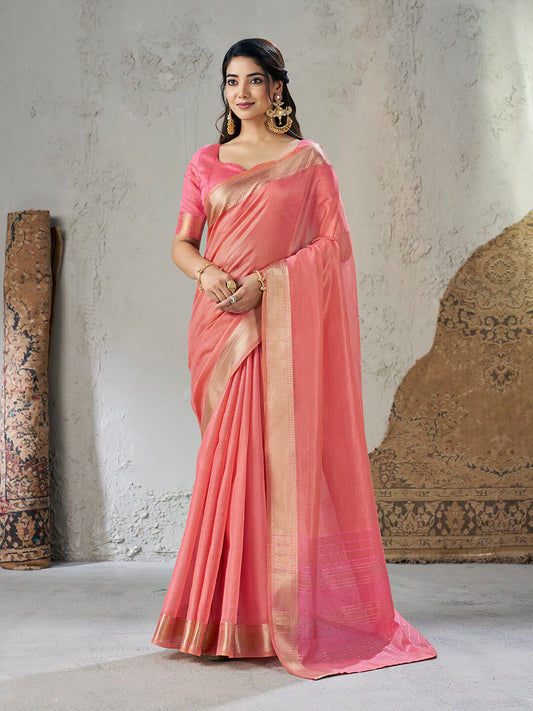 Jubilant Pink Zari Weaving Linen Silk Saree With Imaginative Blouse Piece