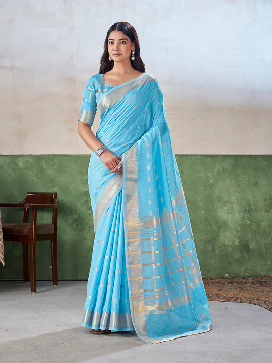 Redolent Firozi Zari Weaving Linen Silk Saree With Divine Blouse Piece