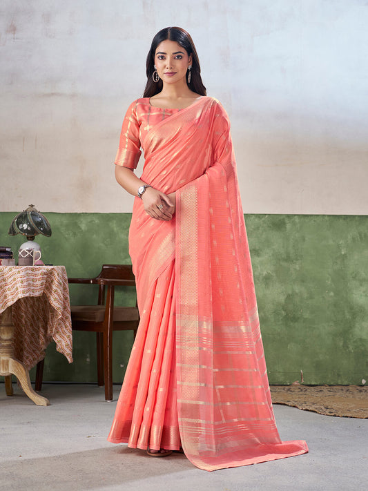 Ratatouille Peach Zari Weaving Linen Silk Saree With Engrossing Blouse Piece