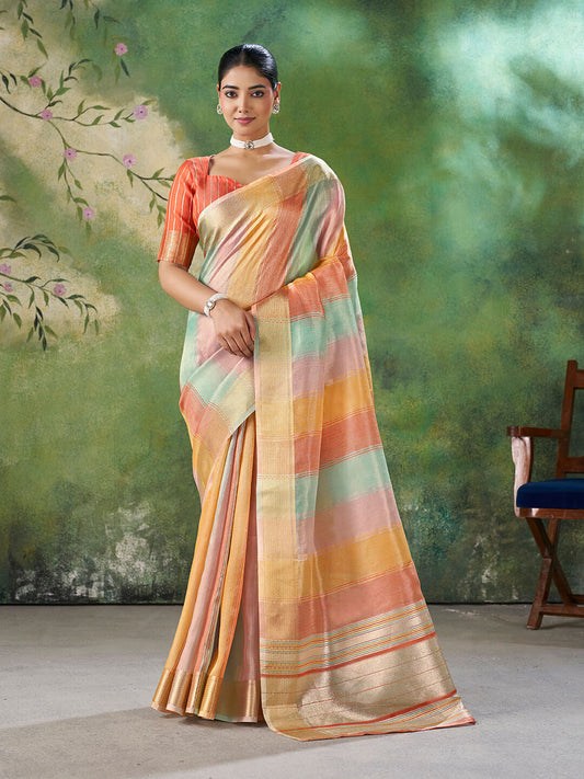 Forbearance Multicolor Zari Weaving Linen Silk Saree With Murmurous Blouse Piece