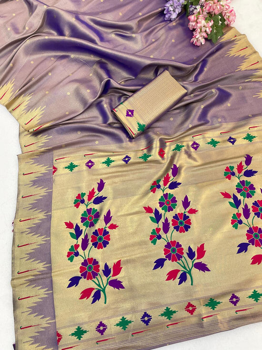 Embellished Lavender Tissue Silk Paithani Saree With Adorning Blouse Piece