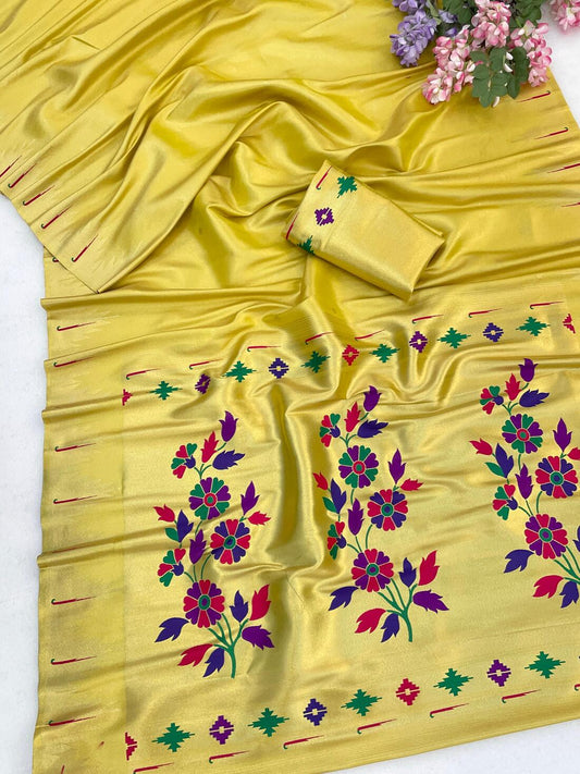 Incredible Yellow Tissue Silk Paithani Saree With Exceptional Blouse Piece