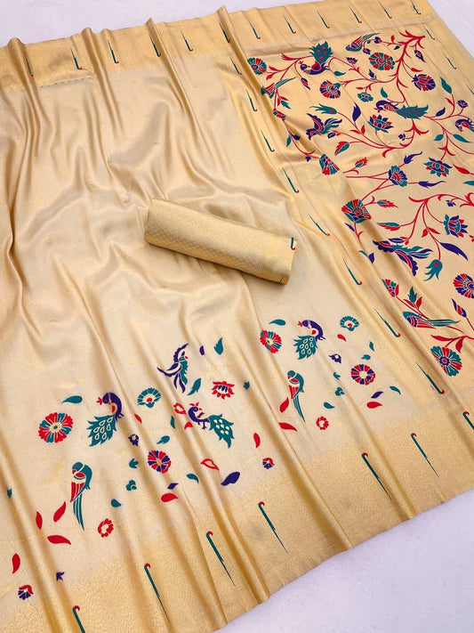 Elegant Beige Tissue Silk Paithani Saree With Effulgent Blouse Piece