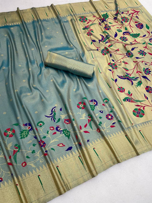 Twirling Sky Tissue Silk Paithani Saree With Desiring Blouse Piece