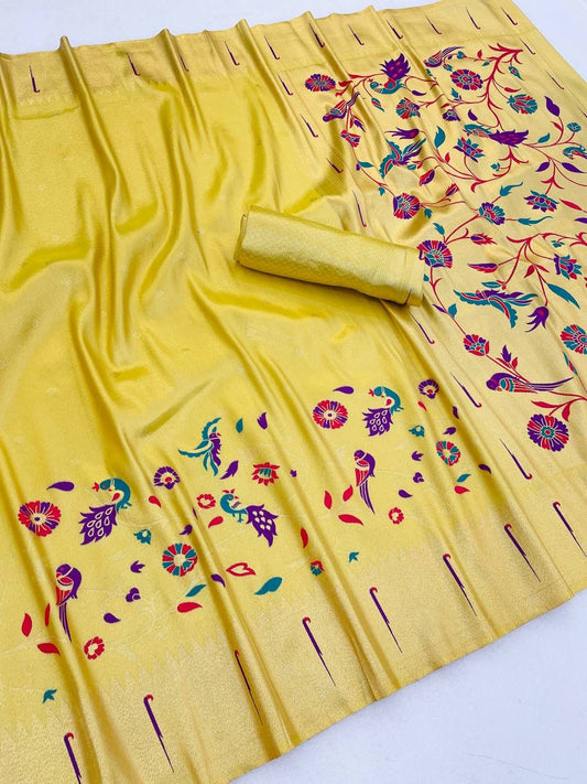 Majestic Yellow Tissue Silk Paithani Saree With Petrichor Blouse Piece