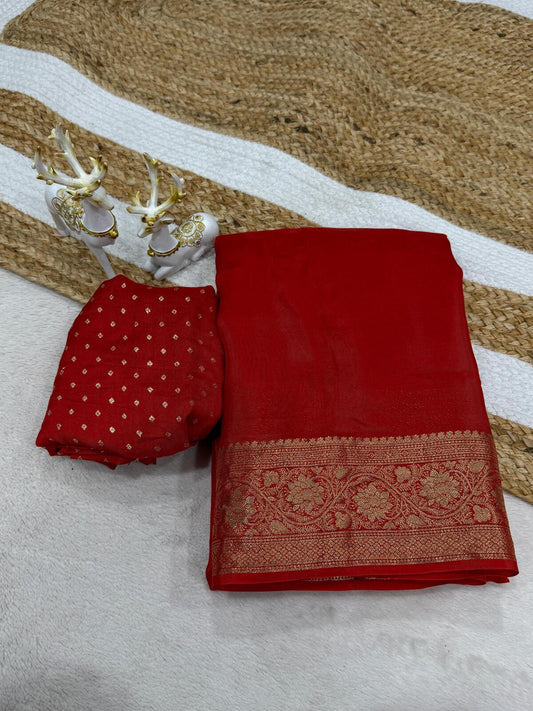 Fairytale Red Pure Zari Weaving Banarasi Silk Saree With Fragrant Blouse Piece