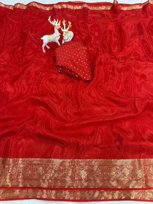 Fairytale Red Pure Zari Weaving Banarasi Silk Saree With Fragrant Blouse Piece