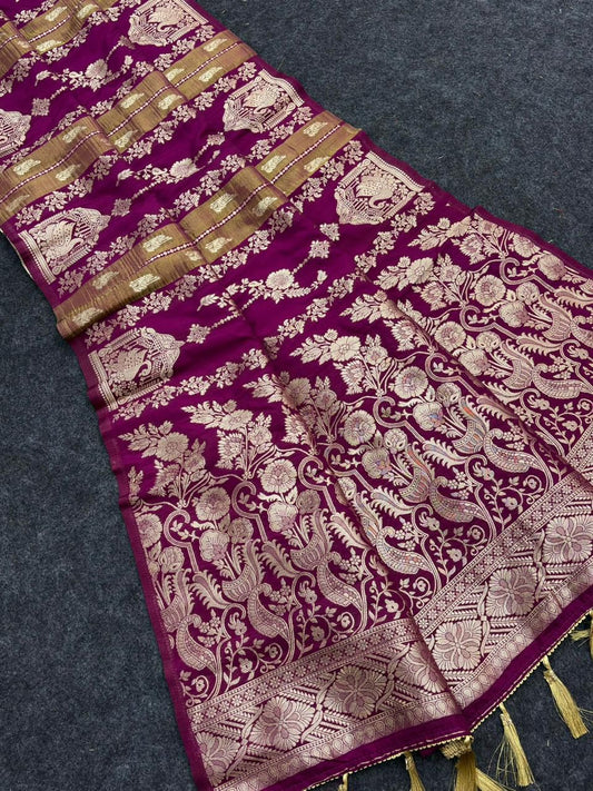 Admirable Purple Banarasi Tissue Silk Saree With Fancifull Blouse Piece
