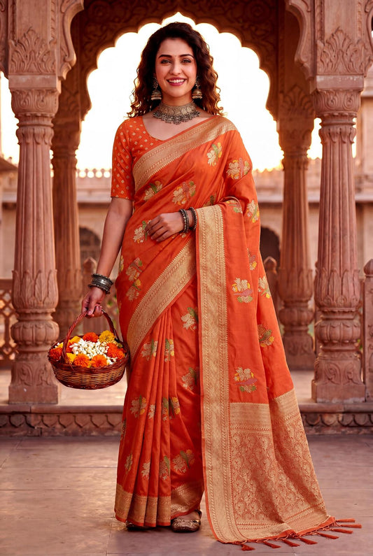 Ineffable Orange Banarasi Khadi Silk Saree With Ethereal Blouse Piece