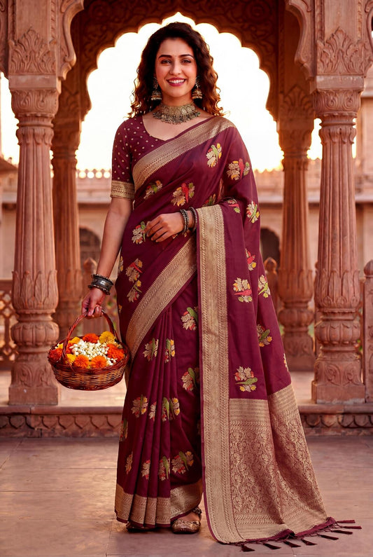 Dulcet Wine Banarasi Khadi Silk Saree With Desultory Blouse Piece