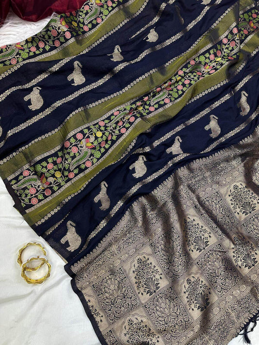 Jazzy Navy Blue Banarasi Tissue Silk Saree With Beauteous Blouse Piece