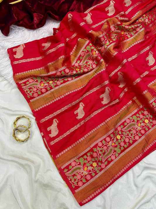 Demesne Red Banarasi Tissue Silk Saree With Staggering Blouse Piece