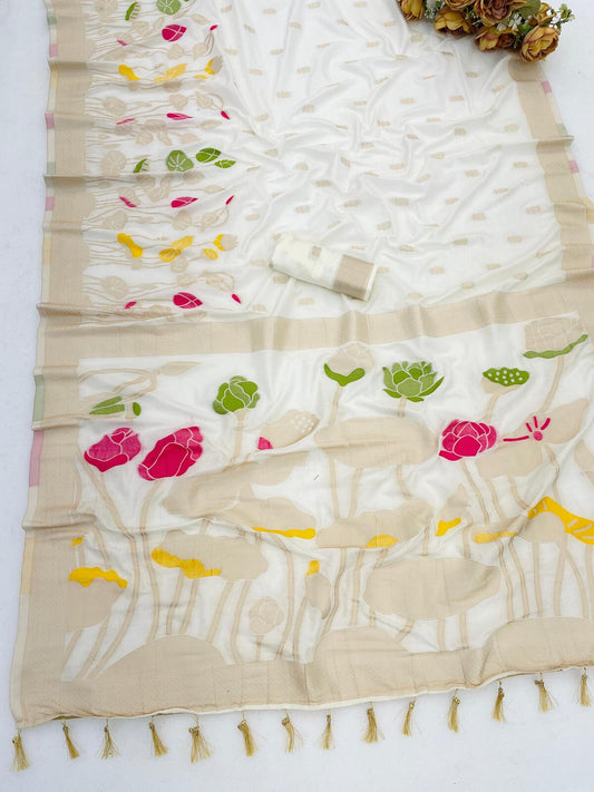 Brood Beige Khadi Georgette Banarasi Silk Saree With Scintilla Blouse Piece