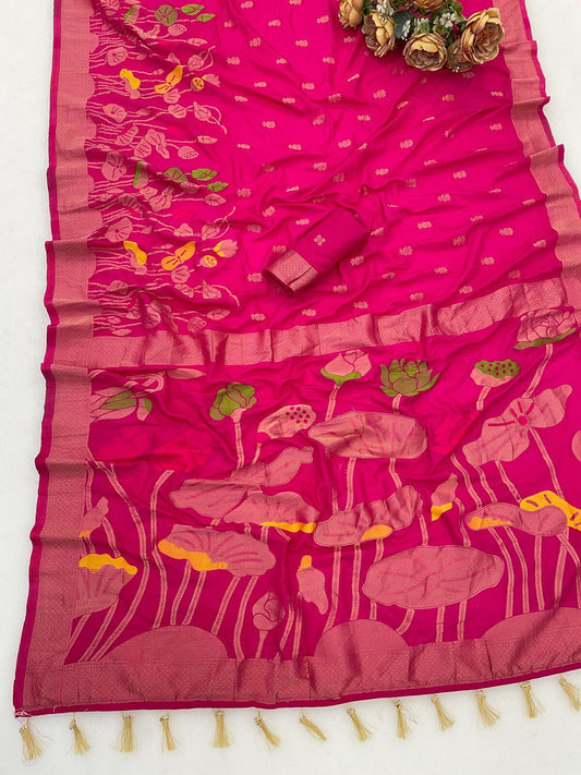Enticing Dark Pink Khadi Georgette Banarasi Silk Saree With Serendipity Blouse Piece
