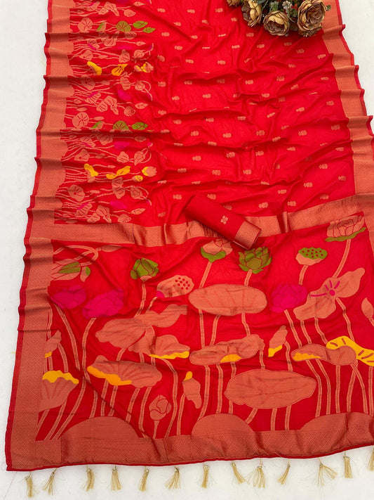 Piquant Red Khadi Georgette Banarasi Silk Saree With Engaging Blouse Piece