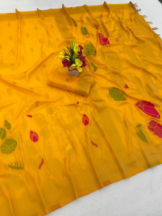 Dissemble Yellow Khadi Georgette Banarasi Silk Saree With Lagniappe Blouse Piece