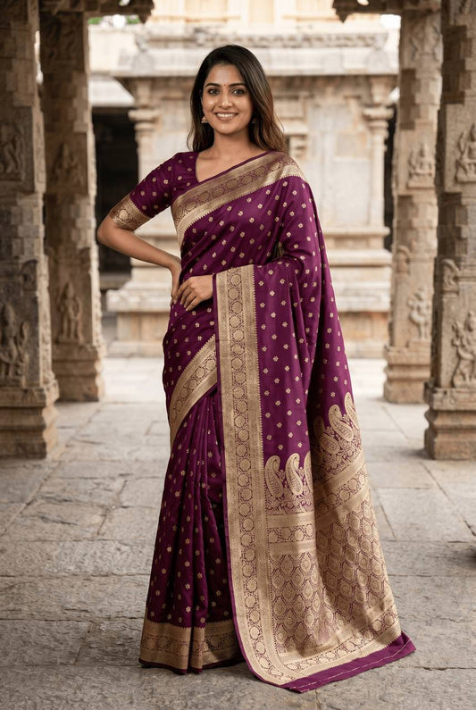 Splendiferous Purple Pure Zari Weaving Banarasi Silk Saree With Nectarous Blouse Piece