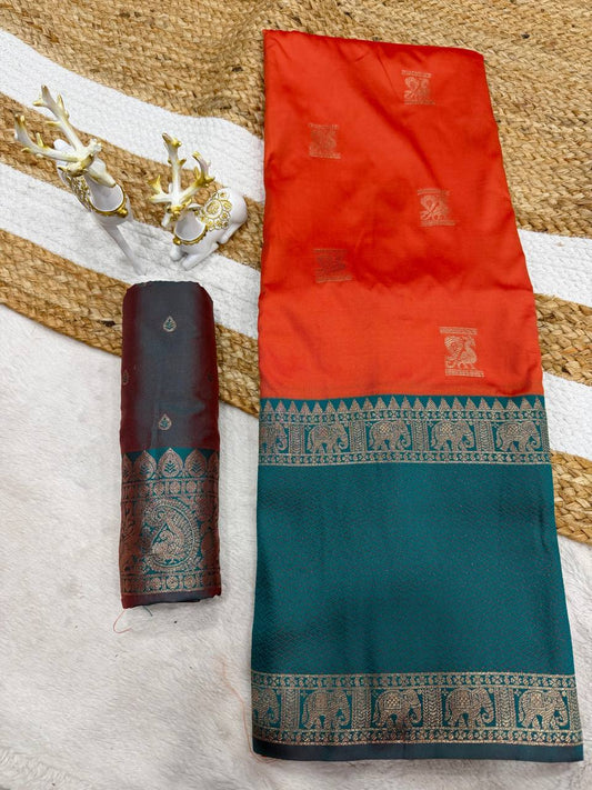 Delectable Orange Pure Zari Weaving Banarasi Silk Saree With Assemblage Blouse Piece