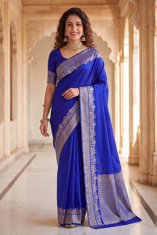 Quintessential Royal Blue Soft Silk Saree With Gossamer Blouse Piece