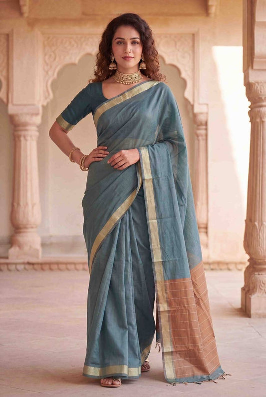 Impressive Sea Green Cotton Silk Saree With Beleaguer Blouse Piece