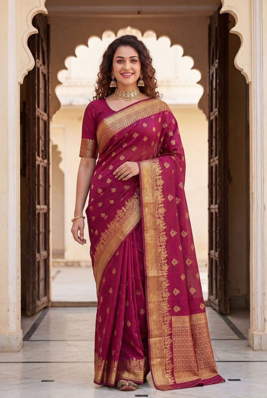 Ornate Wine Soft Silk Saree With Luminous Blouse Piece