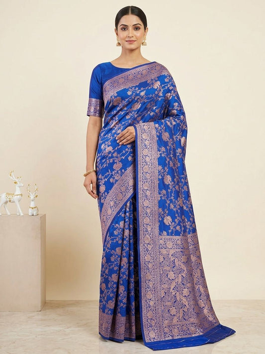 Prominent Royal Blue Pure Zari Weaving Banarasi Silk Saree With Blissful Blouse Piece