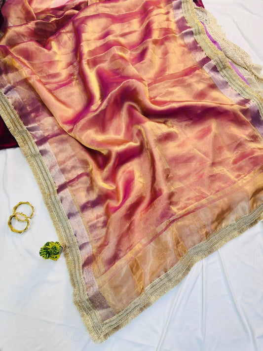 Quixotic Pink Tissue Silk Saree With Forbearance Blouse Piece