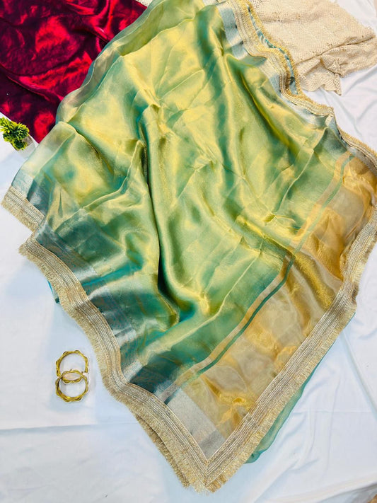Glamorous Pista Tissue Silk Saree With Inimitable Blouse Piece