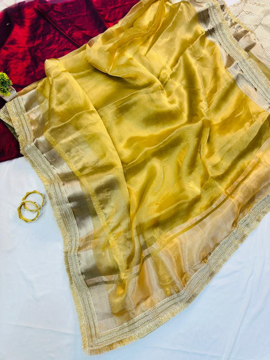 Resonant Yellow Tissue Silk Saree With Rhapsodic Blouse Piece