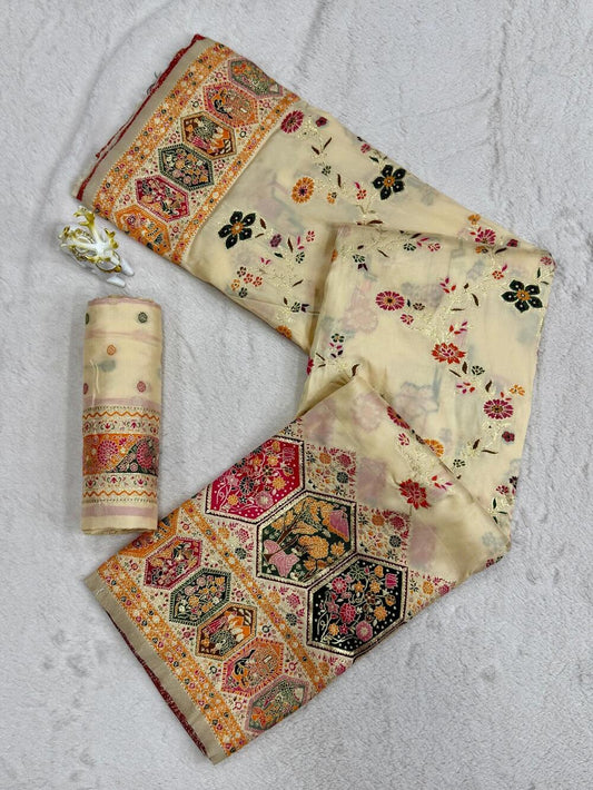 Grandiose Beige Pashmina Silk Saree With Breathtaking Blouse Piece