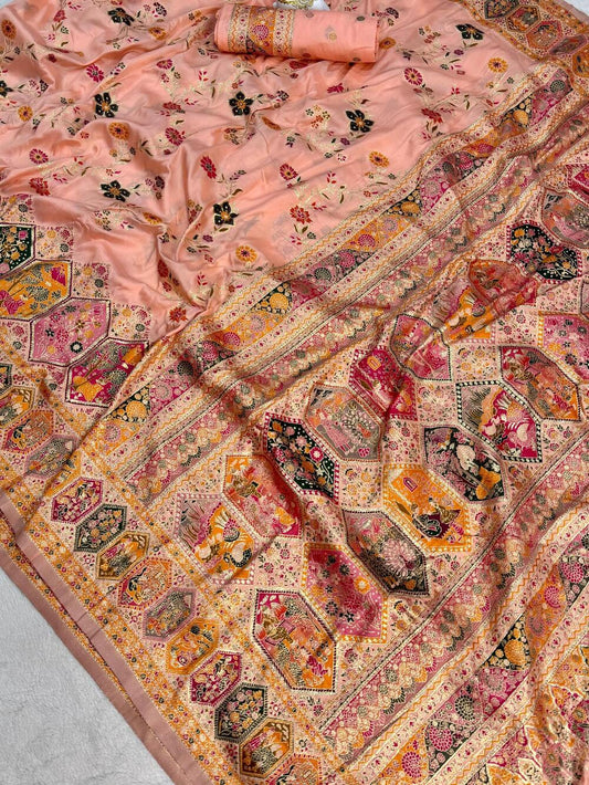 Unequalled Peach Pashmina Silk Saree With Allure Blouse Piece