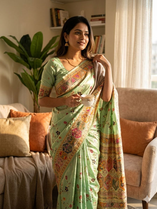 Innovative Pista Pashmina Silk Saree With Assemblage Blouse Piece