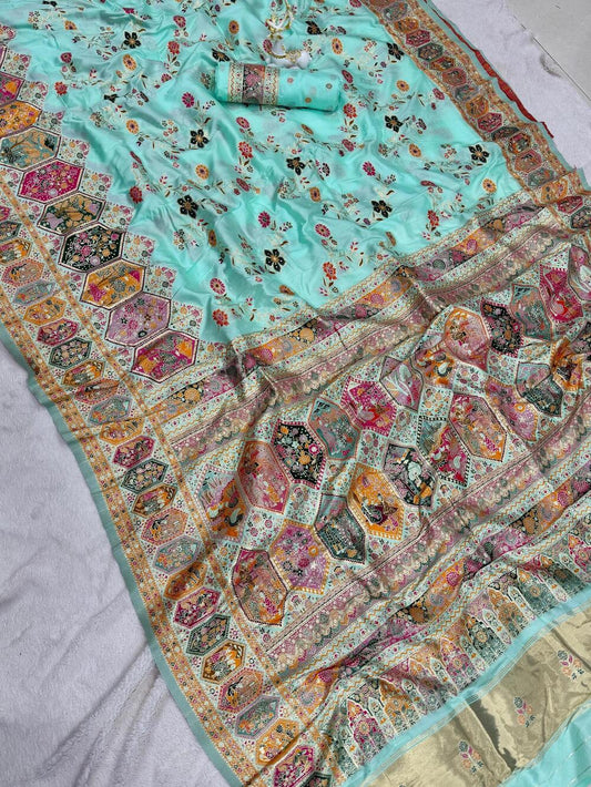 Enigmatic Sky Pashmina Silk Saree With Desuetude Blouse Piece